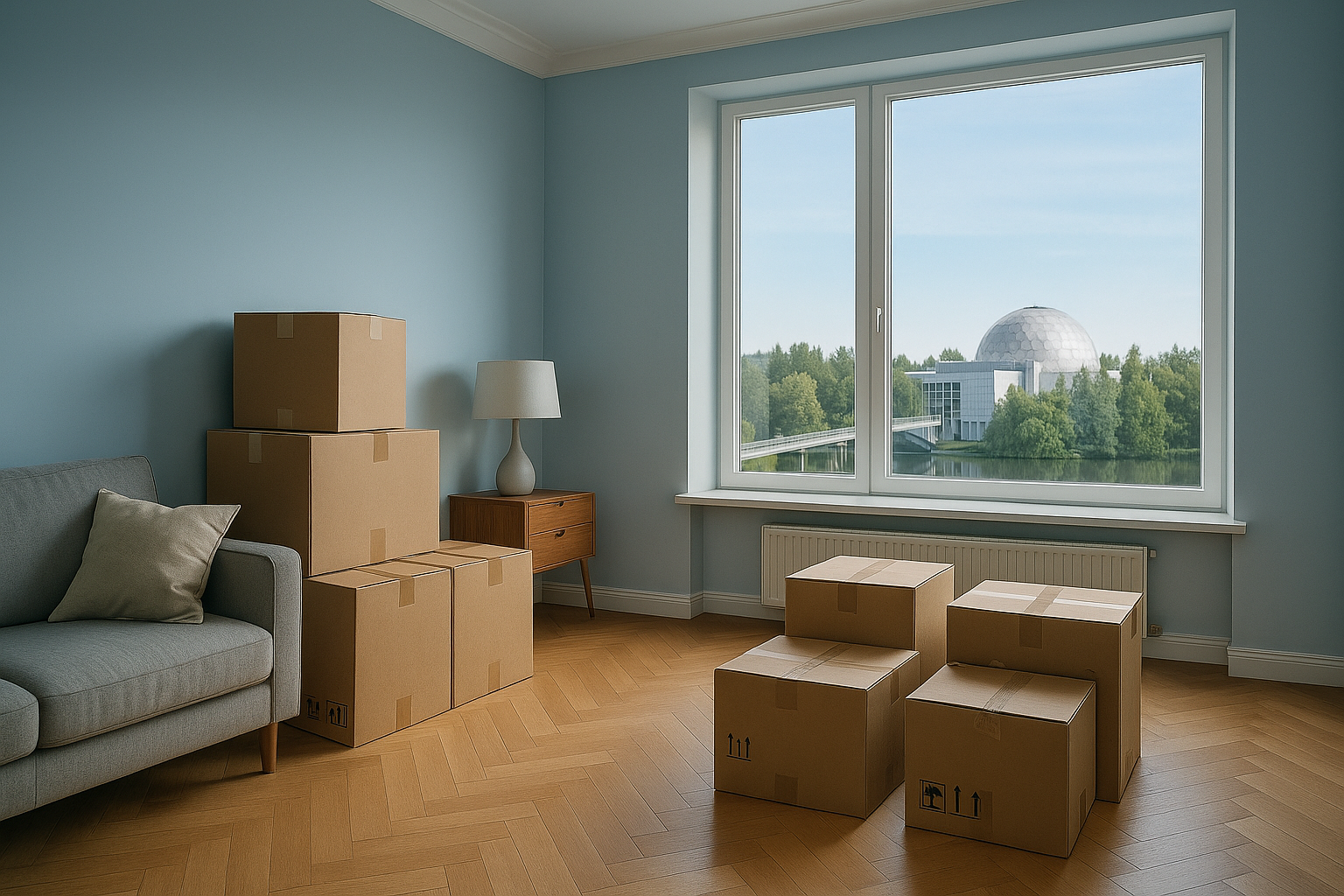 TK-Kiinteistöapu – Tyhjennyspalvelut Vantaalla: asunnossa pakattuja laatikoita ja ikkunasta näkyy Heureka