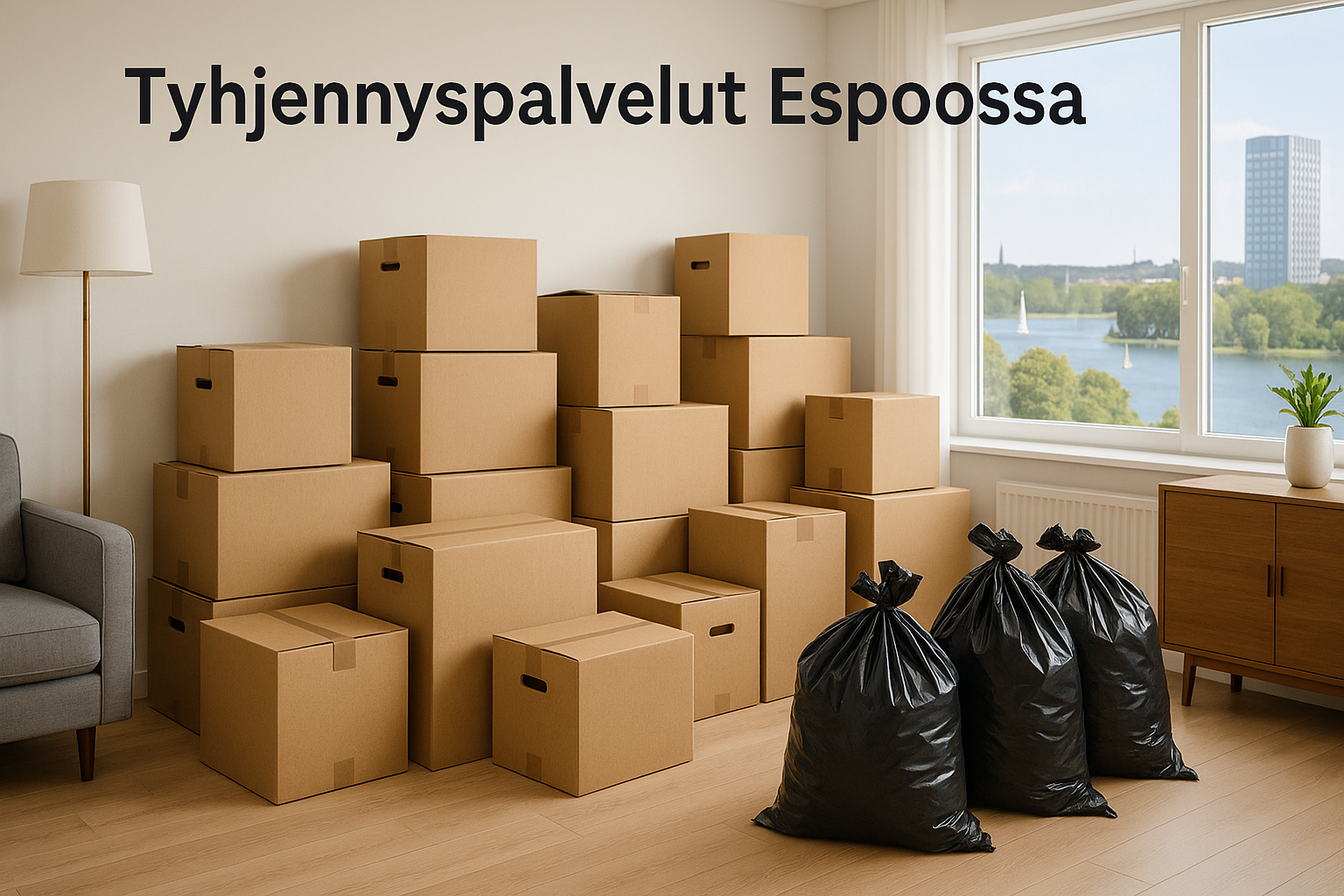 TK-Kiinteistöapu – Tyhjennyspalvelut Espoossa: asunto ja pakattuja laatikoita, ikkunasta näkyy Keilaniemen tornitalo