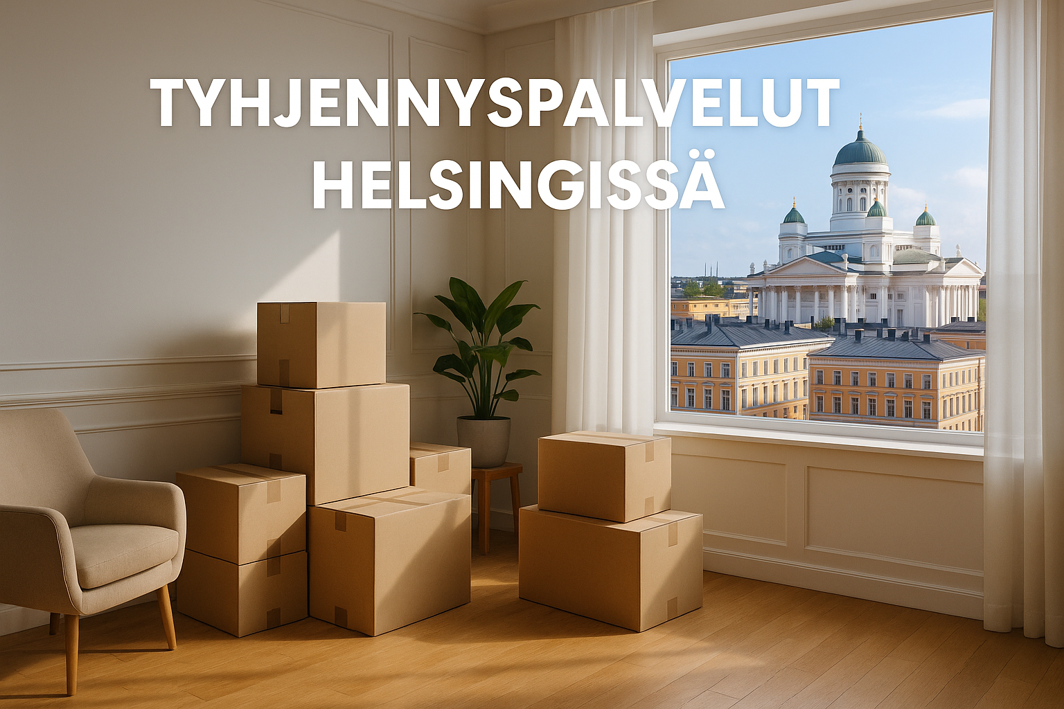 TK-Kiinteistöapu – Tyhjennyspalvelut Helsingissä: näkymä ikkunasta Helsingin Tuomiokirkolle ja asunnon sekä kuolinpesän tavarat lajiteltu laatikoihin poisvientiä odottamassa