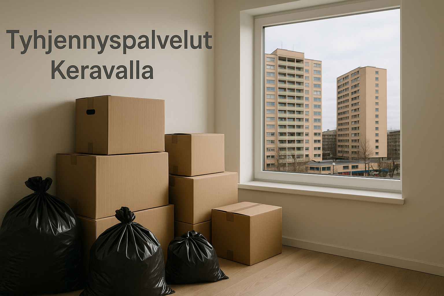 Tyhjennyspalvelut Keravalla – muuttolaatikoita ja jätesäkkejä tyhjennettävässä asunnossa, ikkunasta näkyy Keravan tornitalot osana maisemaa