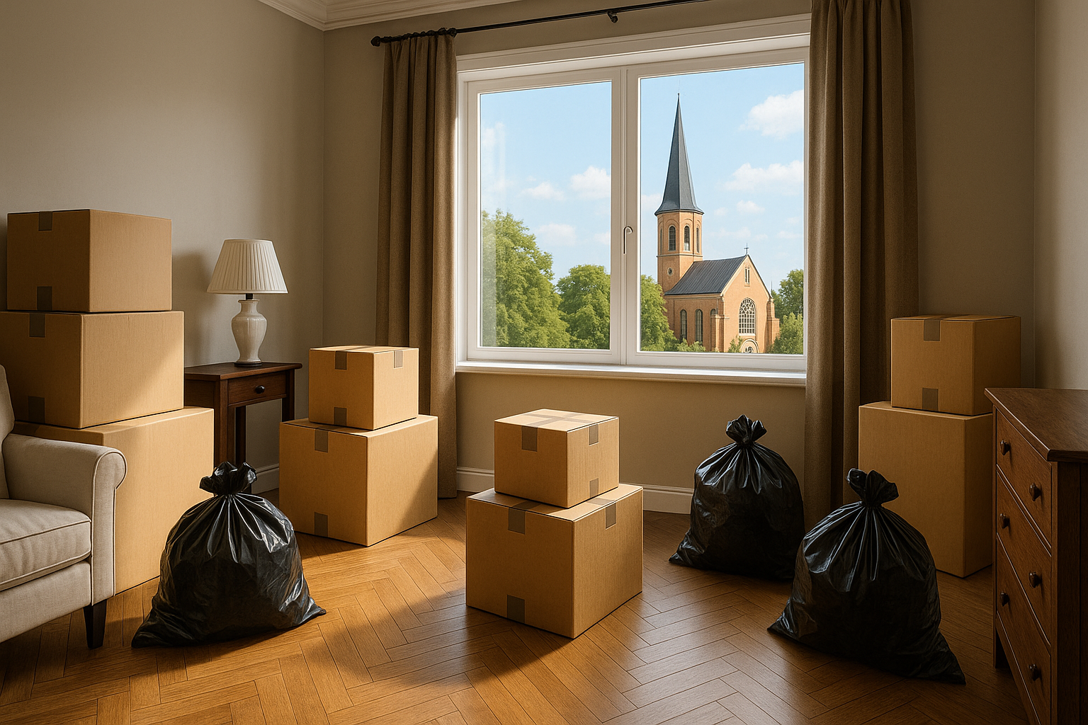 TK-Kiinteistöapu – Tyhjennyspalvelut Keravalla: tyylikäs huone, pakattuja laatikoita ja jätesäkkejä – ikkunasta näkyy Keravan kirkko