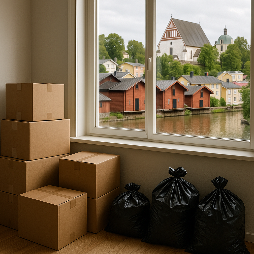 TK-Kiinteistöapu – Tyhjennyspalvelut Porvoossa: asunnossa laatikoita menossa kierrätykseen ja jäteasemalle, ikkunasta näkymä Porvoon tuomiokirkkoon (Kirkkotori 1, Porvoo)