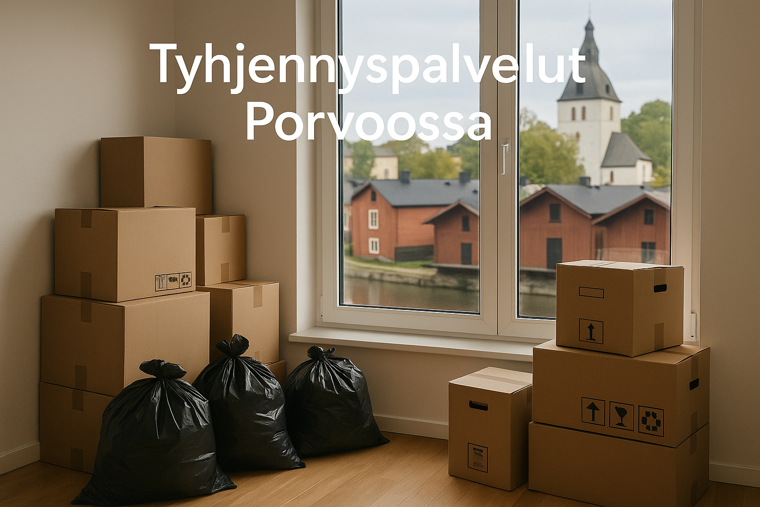TK-Kiinteistöapu – Tyhjennyspalvelut Porvoossa: asunnossa pakattuja kuolinpesän tavaroita laatikoissa kierrätykseen, ikkunasta näkymä Porvoon joelle ja tuomiokirkkoon vanhassa kaupungissa