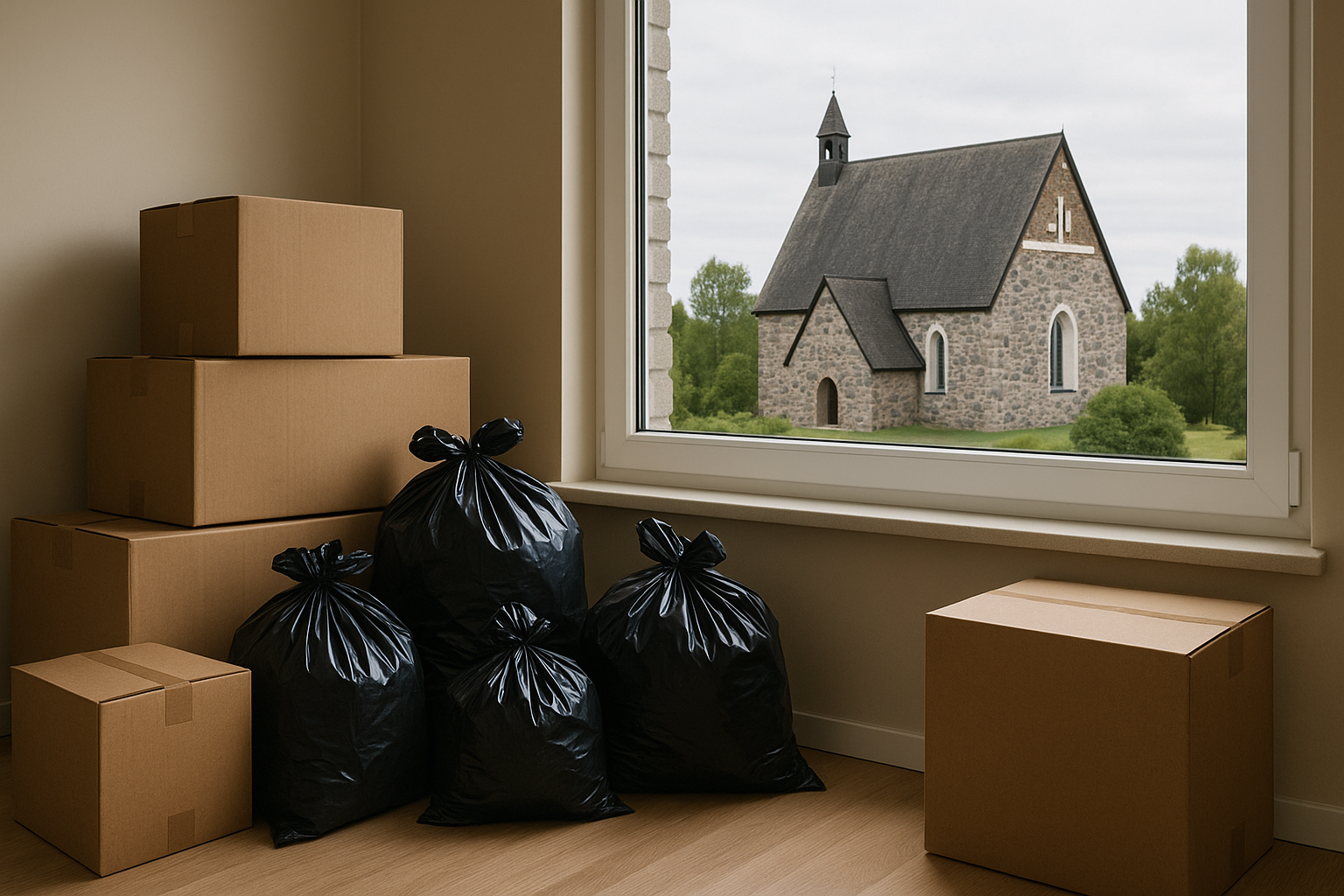 TK-Kiinteistöapu – Tyhjennyspalvelut Sipoossa: kuolinpesän ja asunnon tyhjennys, pakattuja laatikoita kierrätykseen, ikkunasta näkyy Sipoon vanha kirkko