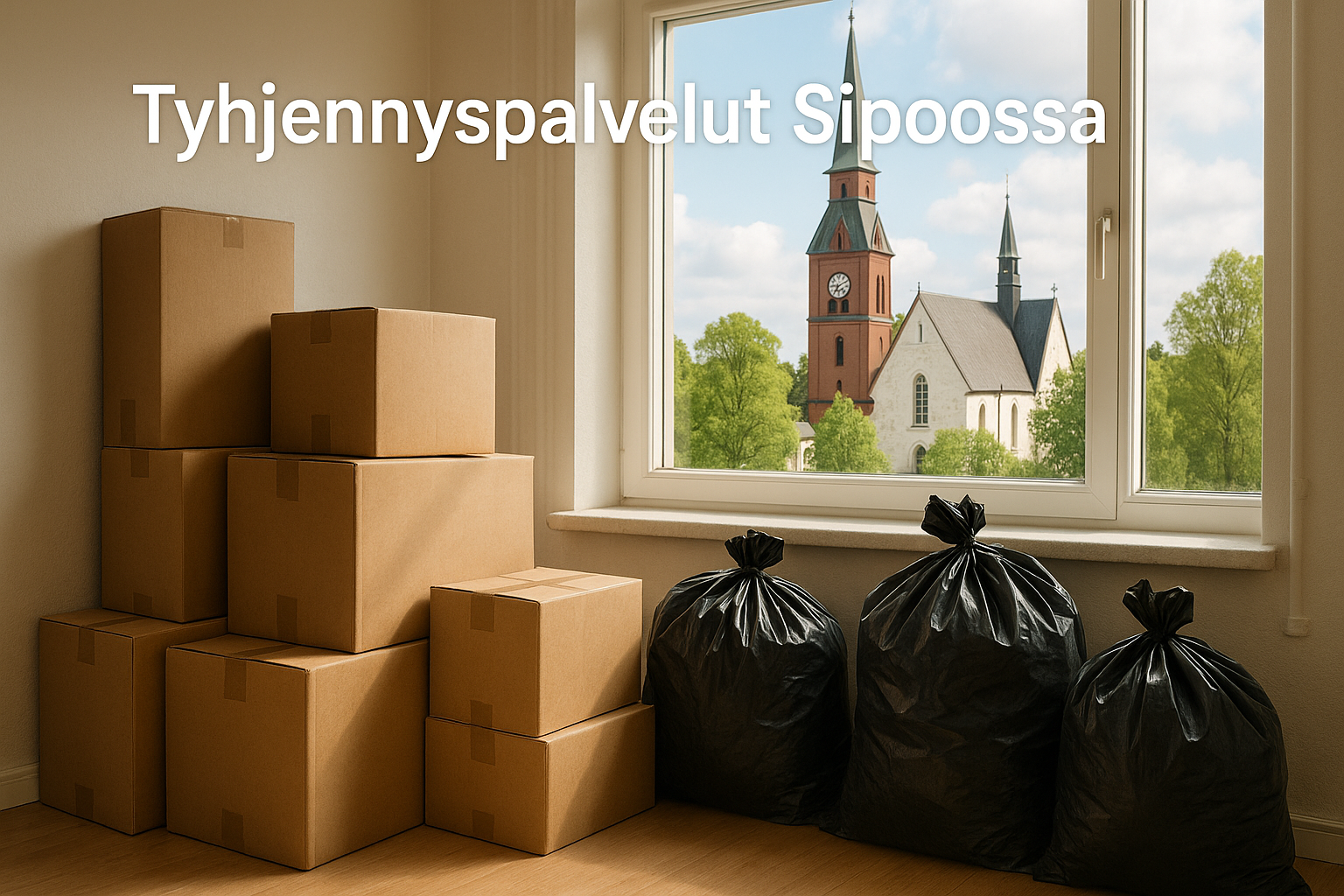 TK-Kiinteistöapu – Tyhjennyspalvelut Sipoossa: huoneistossa pakattuja kierrätyslaatikkoja ja jätesäkkejä odottamassa poisvientiä, ikkunasta näkyy Sipoon vanha kirkko