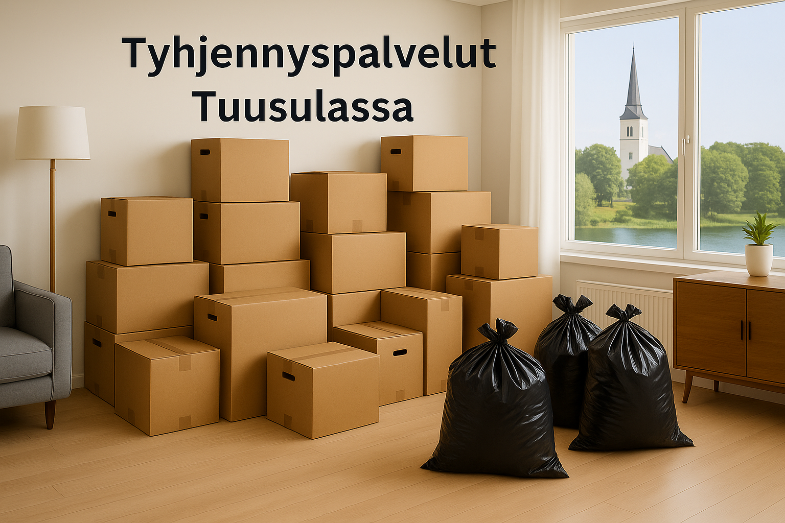 TK-Kiinteistöapu – Tyhjennyspalvelut Tuusulassa: huoneistossa pakattuja laatikoita sekä ikkunasta näkymä Tuusulan kirkkoon ja Tuusulanjärveen