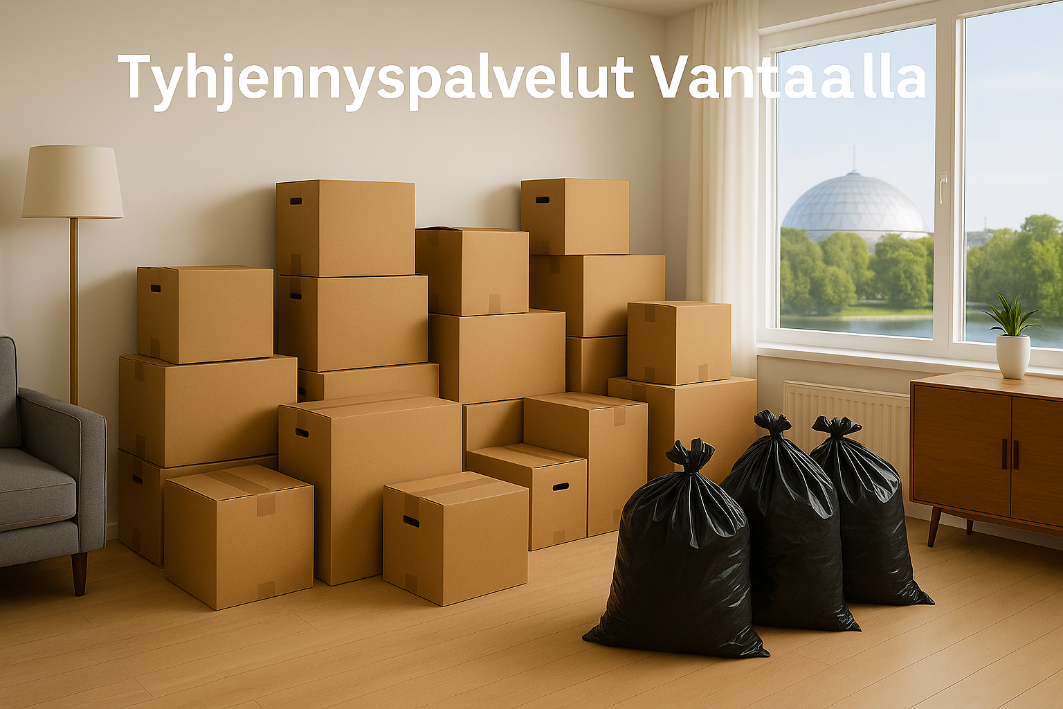 TK-Kiinteistöapu – Tyhjennyspalvelut Vantaalla: näkymä asunnosta ja pakattuja tavaroita valmiina poisvietäväksi