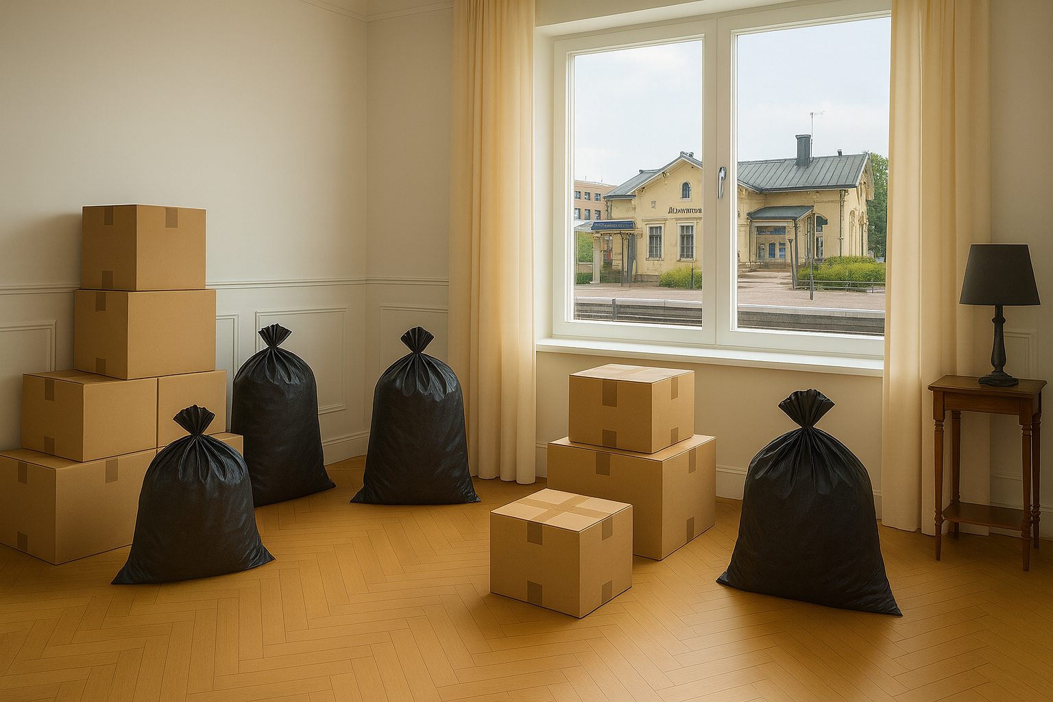 Järvenpään rautatieasema ikkunasta nähtynä – vaaleankeltainen, historiallinen asemarakennus ja laiturialue; etualalla siististi pakattuja muuttolaatikoita.